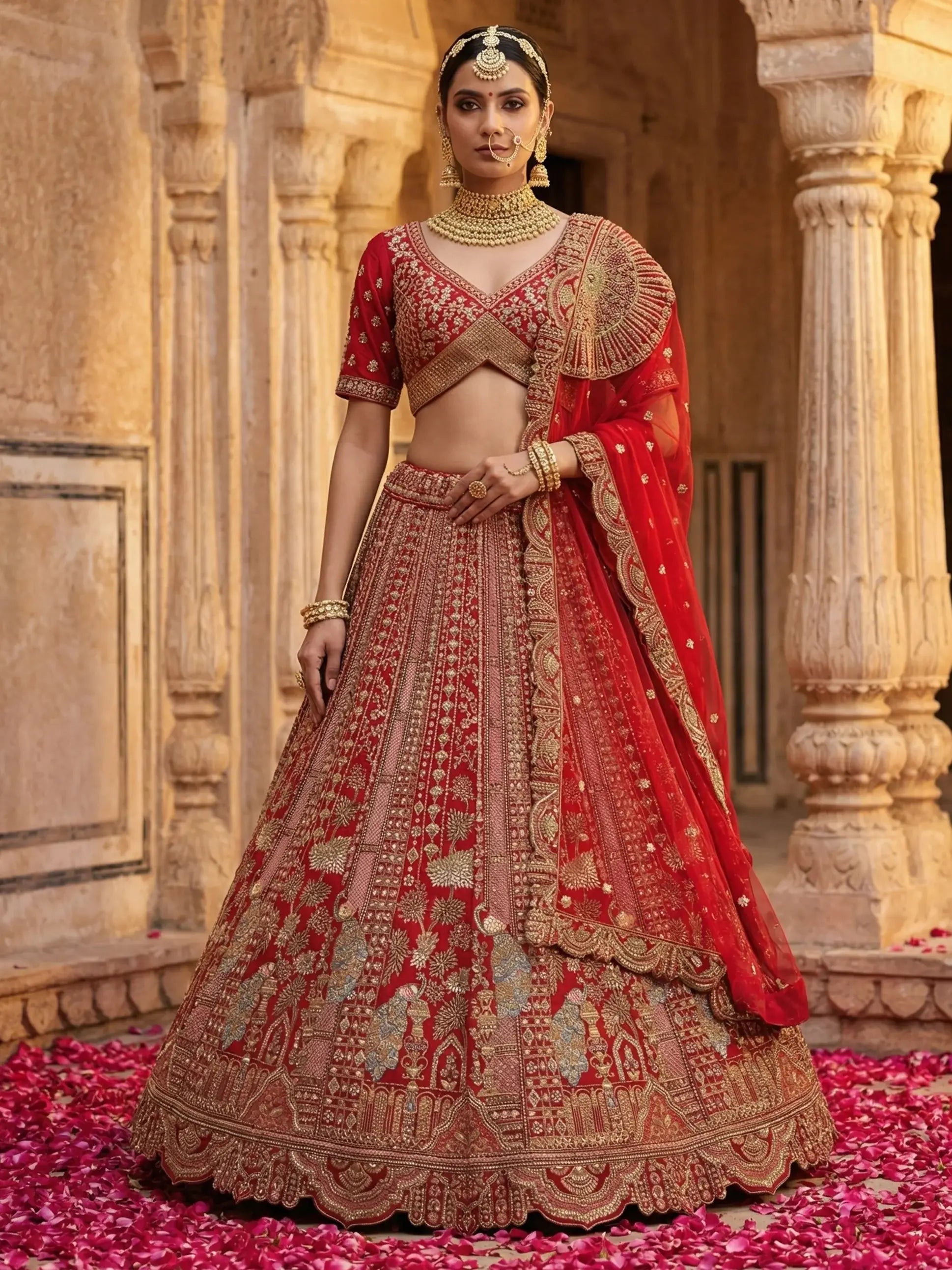 Lovable Red Thread Embroidered Silk Bridal Lehenga Choli With Double Dupatta