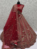 Lovable Red Thread Embroidered Silk Bridal Lehenga Choli With Double Dupatta