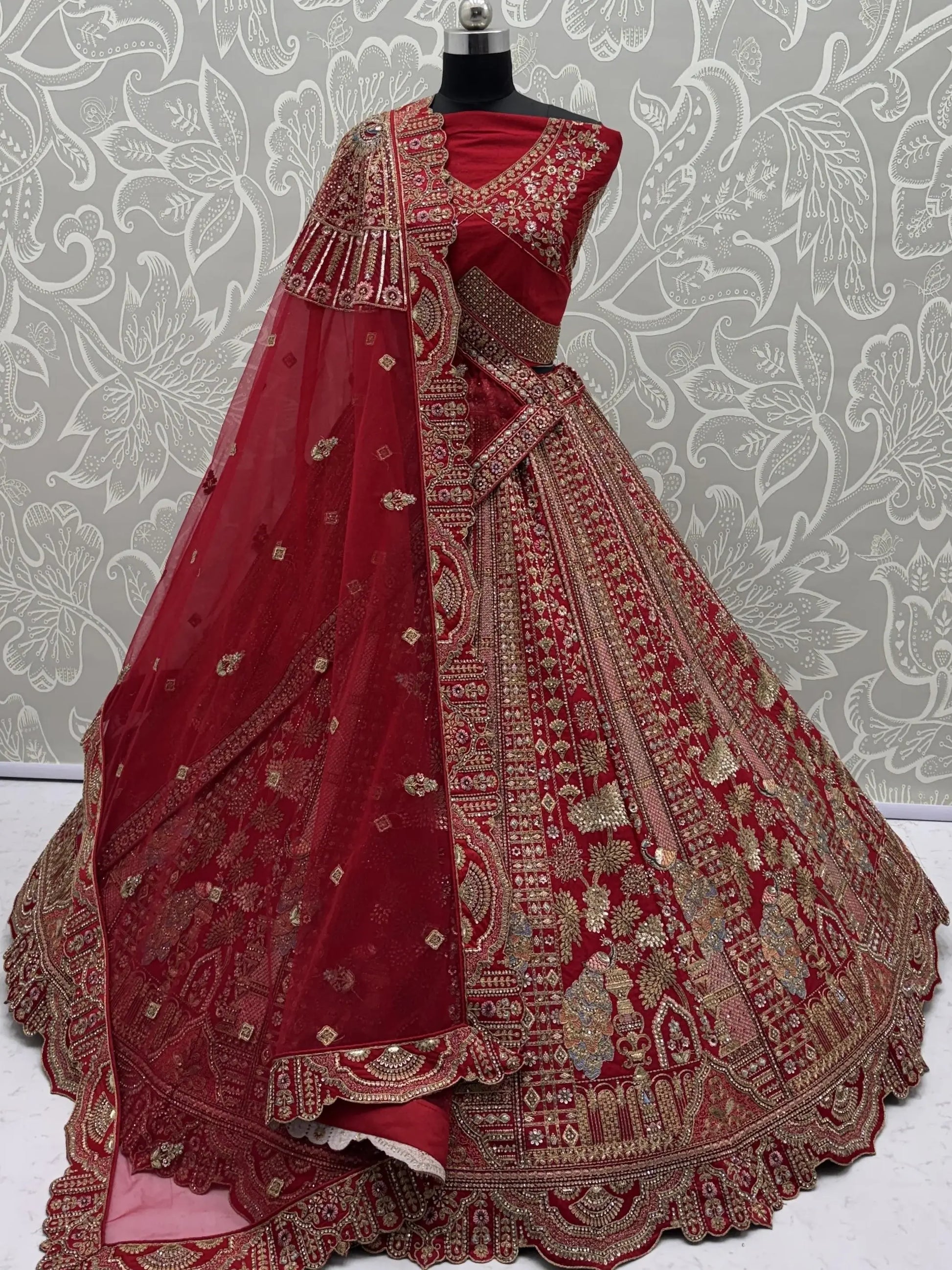 Lovable Red Thread Embroidered Silk Bridal Lehenga Choli With Double Dupatta