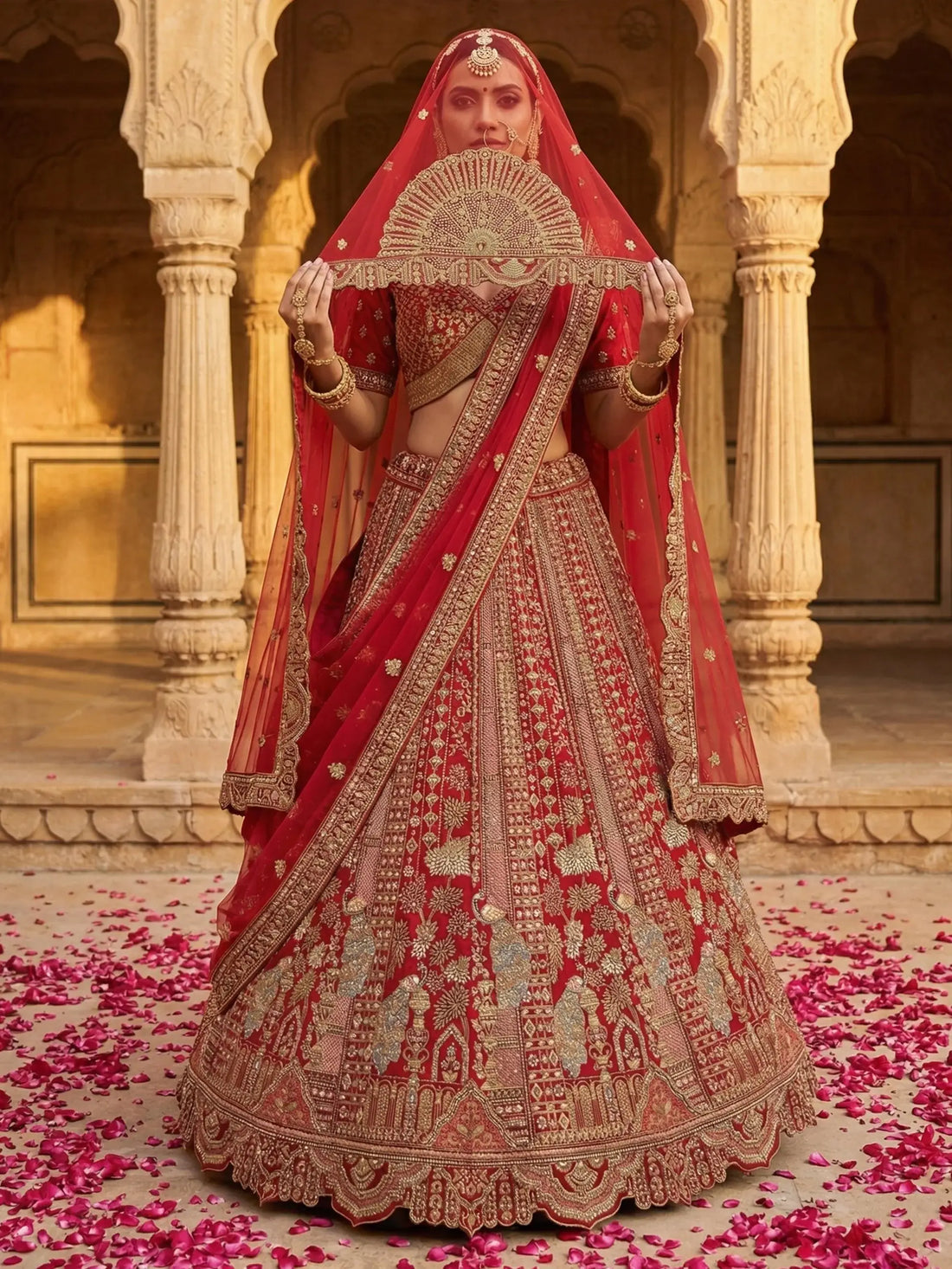 Lovable Red Thread Embroidered Silk Bridal Lehenga Choli With Double Dupatta