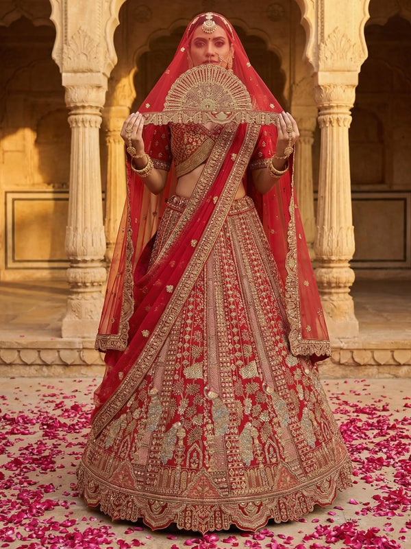 Lovable Red Thread Embroidered Silk Bridal Lehenga Choli With Double Dupatta