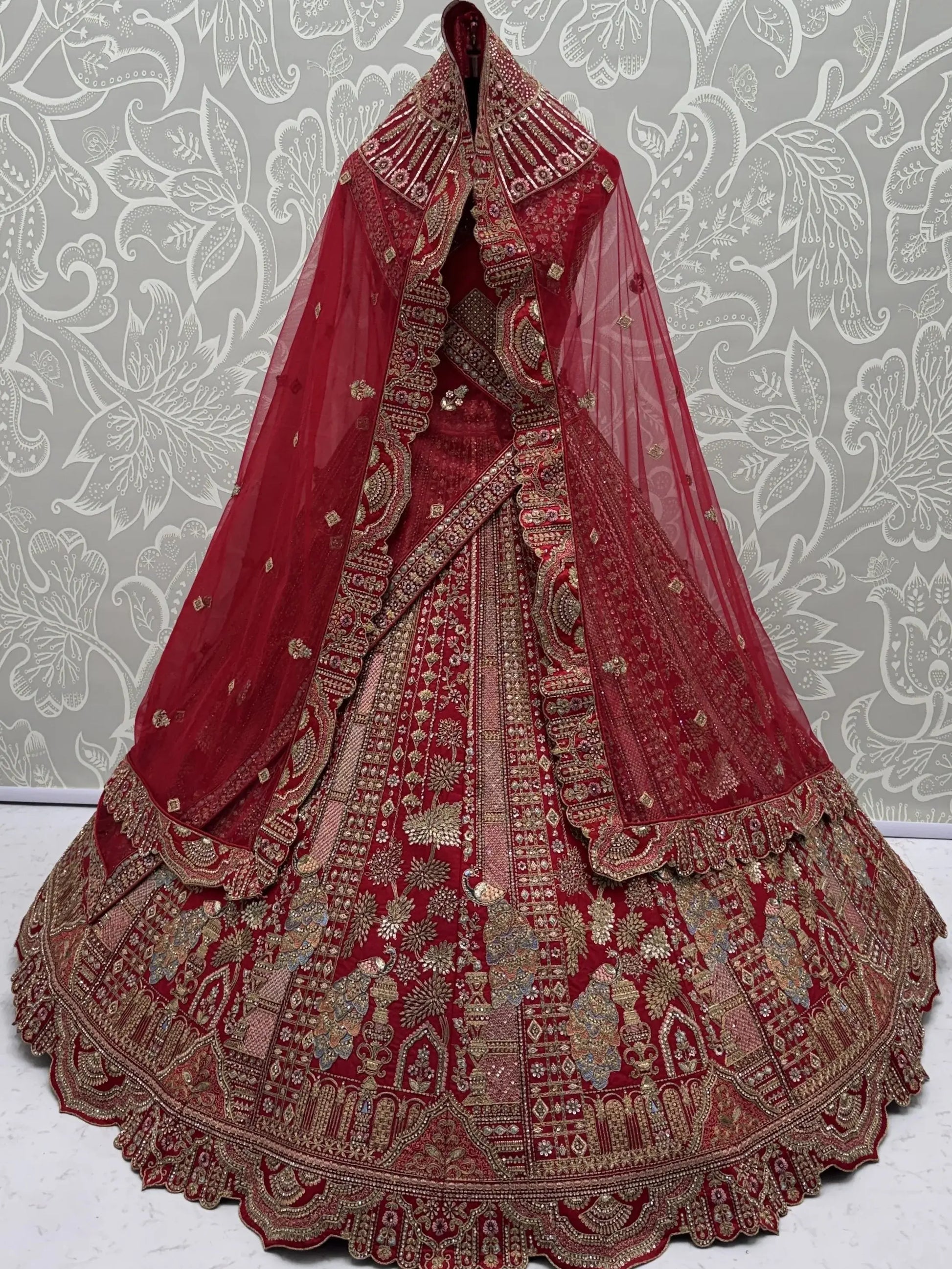 Lovable Red Thread Embroidered Silk Bridal Lehenga Choli With Double Dupatta