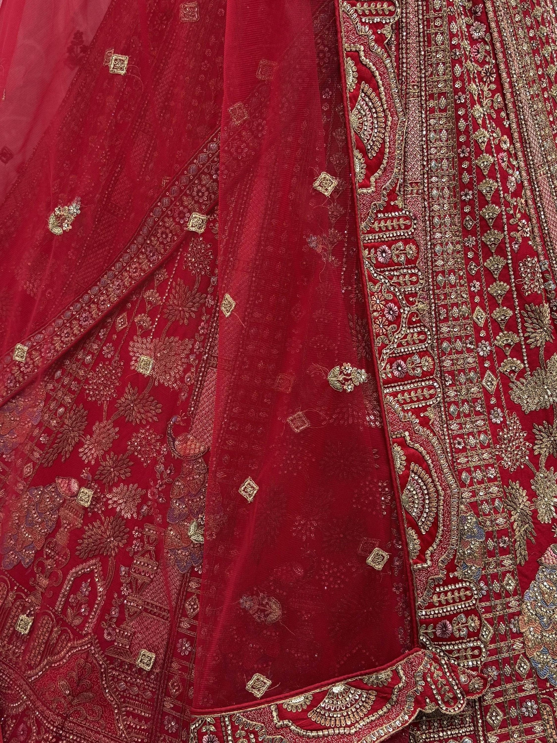 Lovable Red Thread Embroidered Silk Bridal Lehenga Choli With Double Dupatta