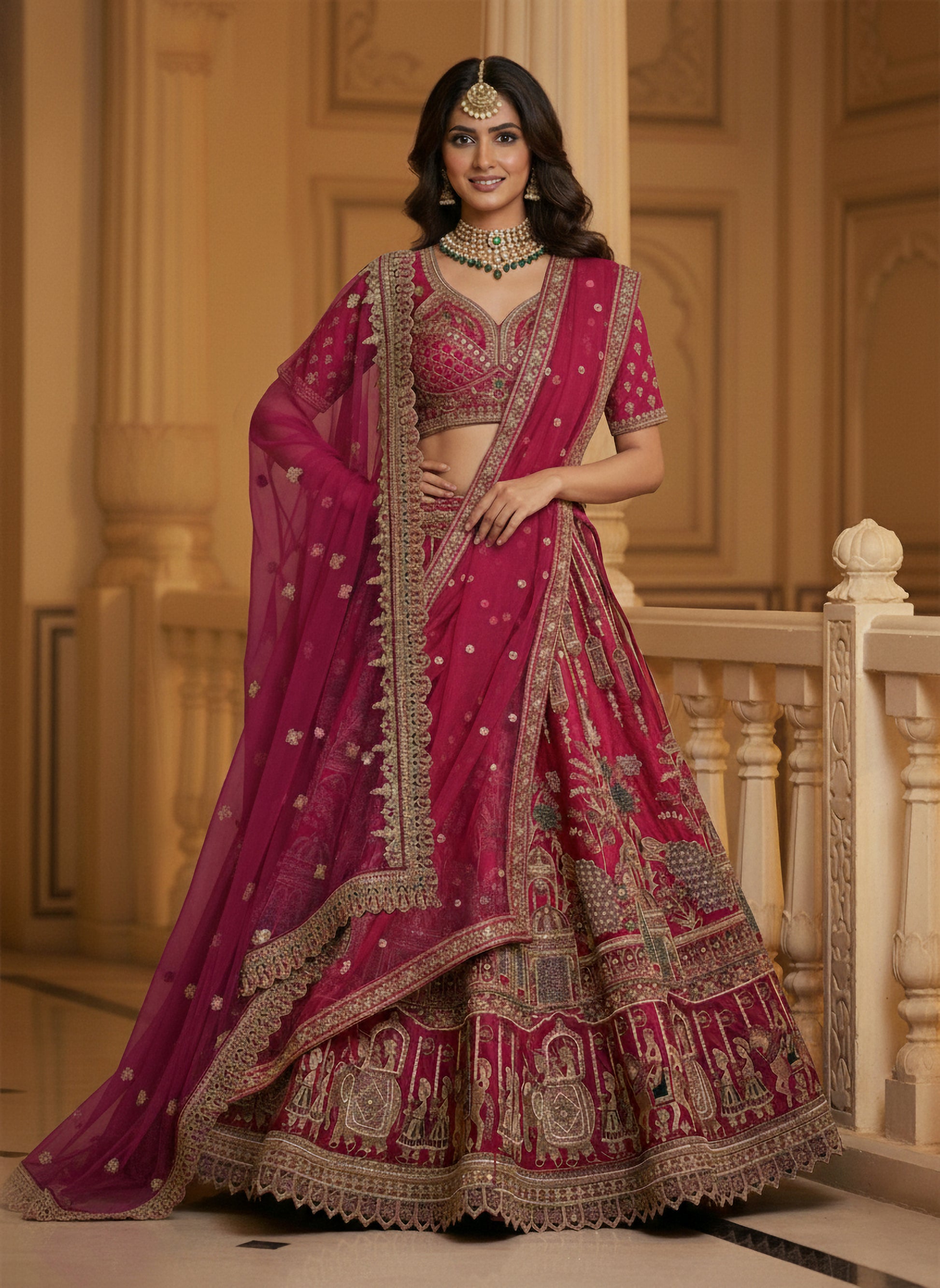Glamorous Rani Pink Hand Work Silk Bridal Wear Lehenga Choli With Double Dupatta