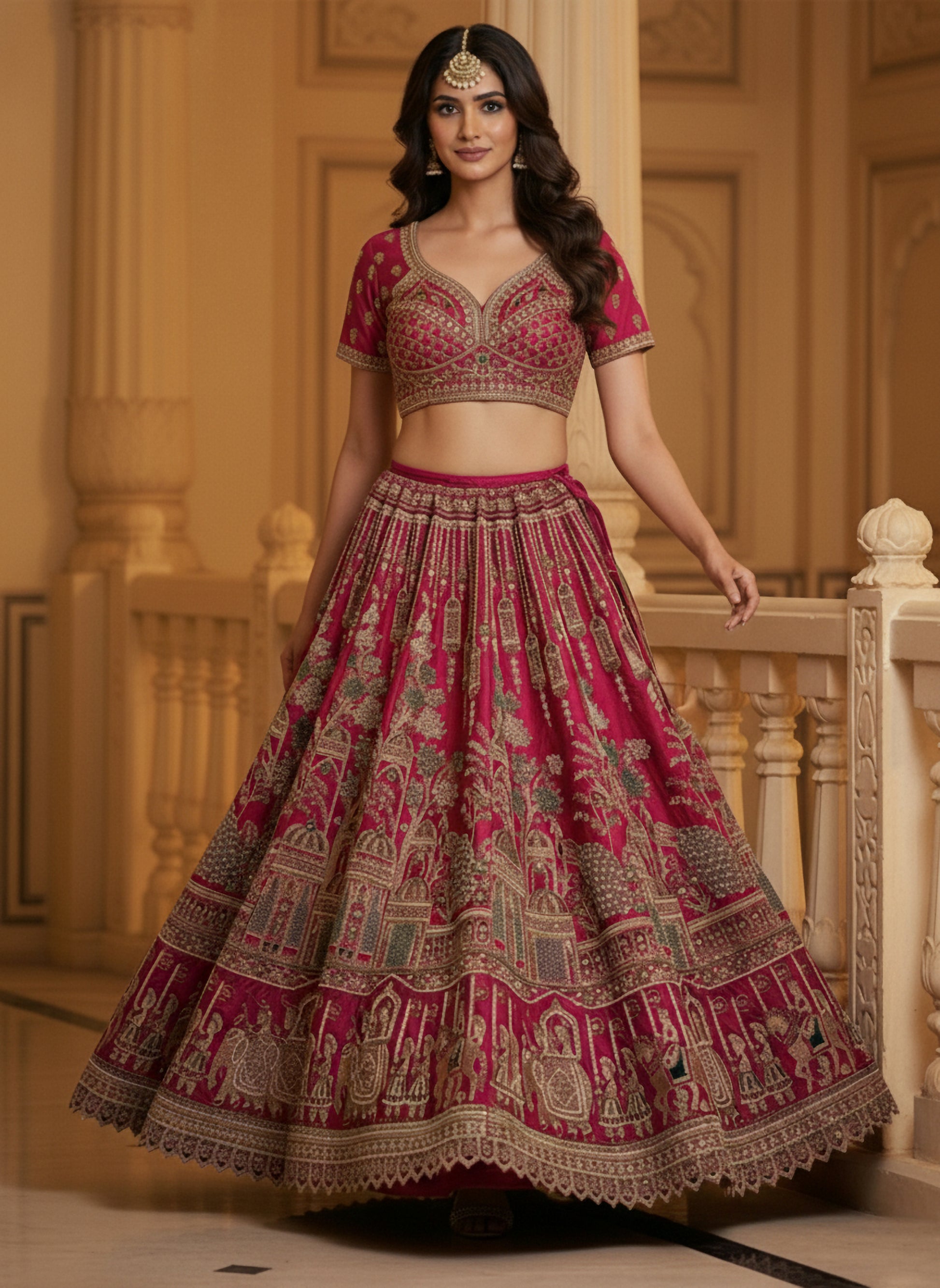 Glamorous Rani Pink Hand Work Silk Bridal Wear Lehenga Choli With Double Dupatta