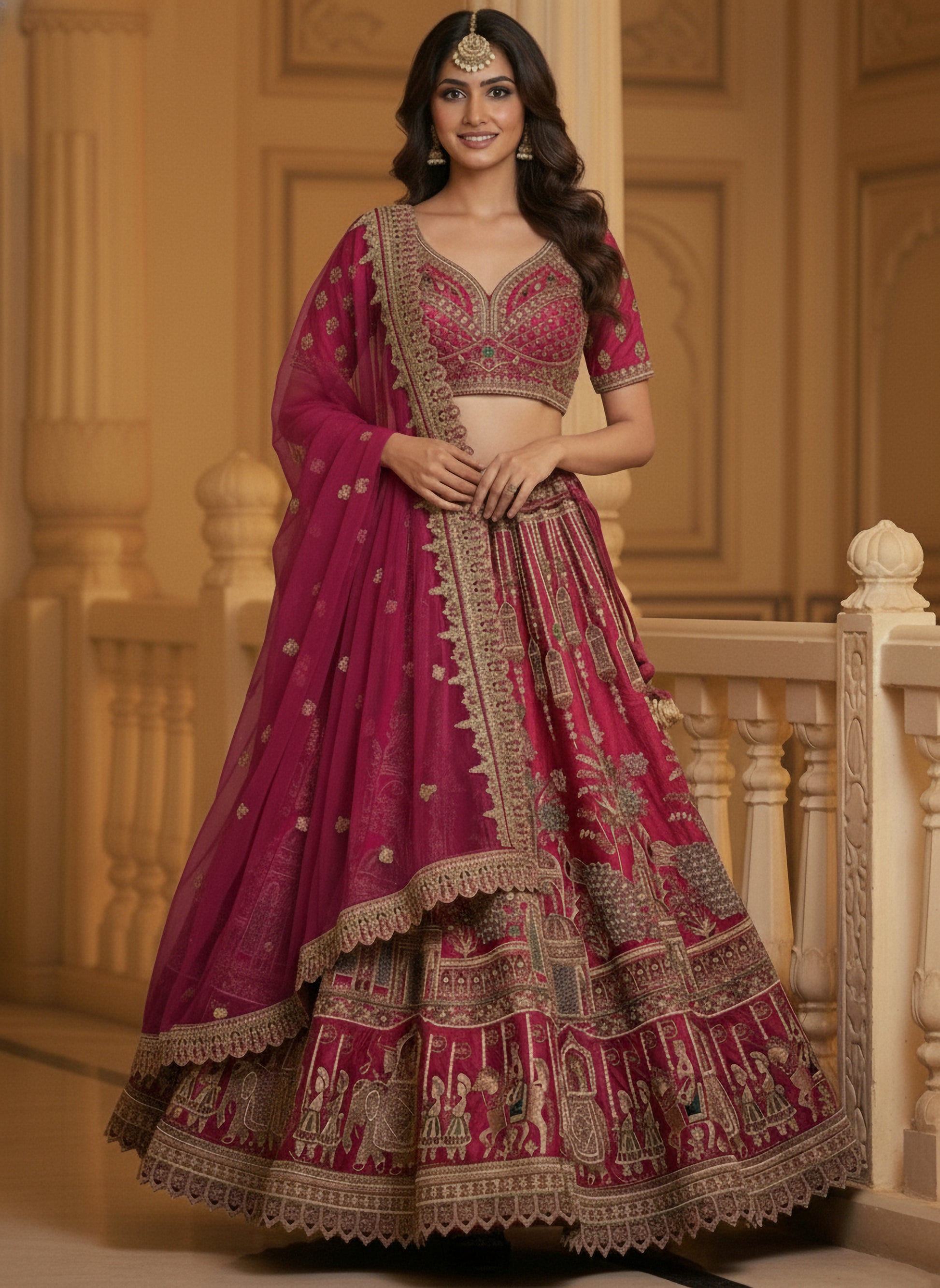 Glamorous Rani Pink Hand Work Silk Bridal Wear Lehenga Choli With Double Dupatta
