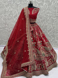 Royal Red Multi Thread Work Silk Bridal Wear Lehenga Choli With Double Dupatta