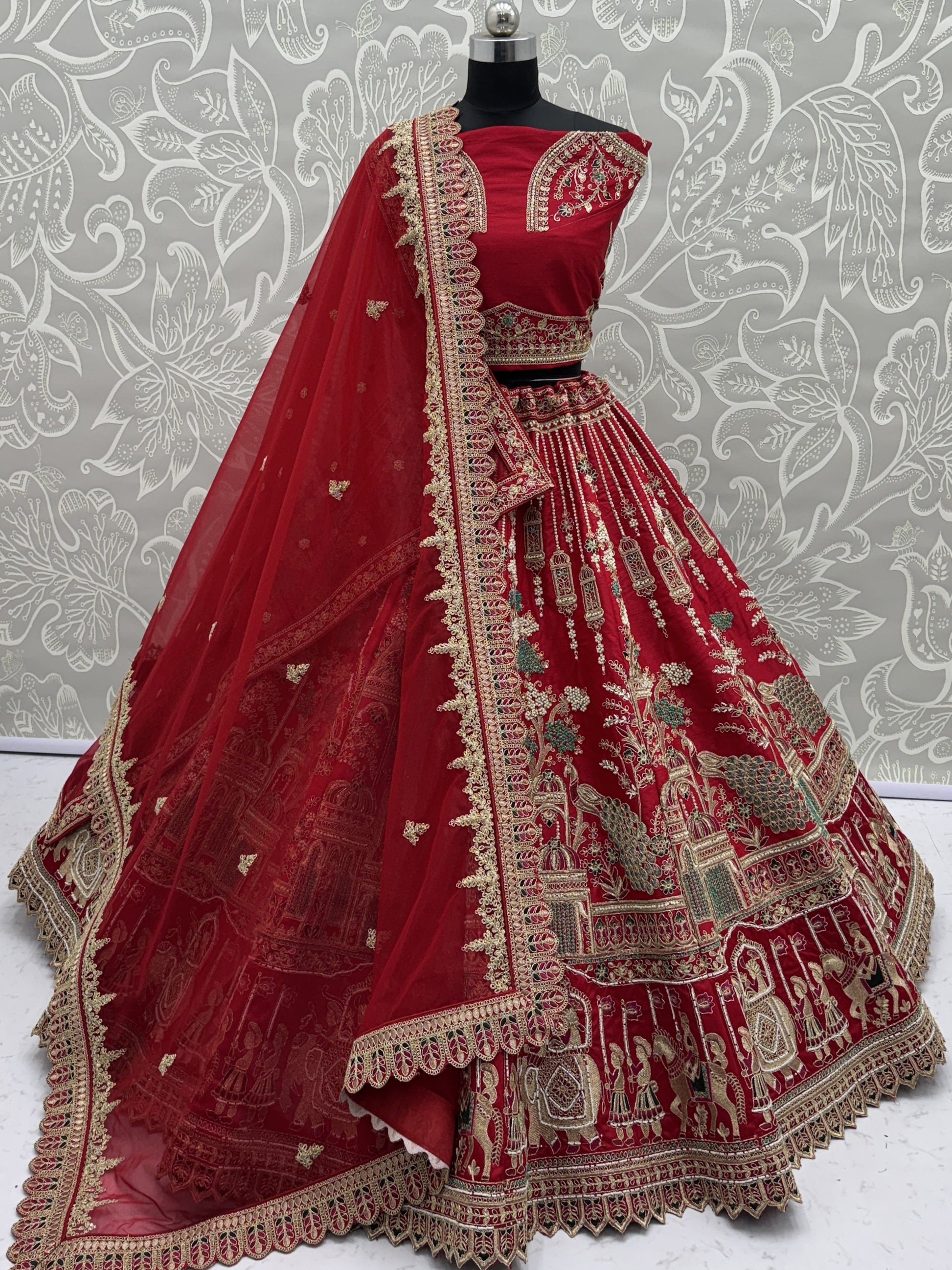 Royal Red Multi Thread Work Silk Bridal Wear Lehenga Choli With Double Dupatta