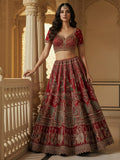 Royal Red Multi Thread Work Silk Bridal Wear Lehenga Choli With Double Dupatta