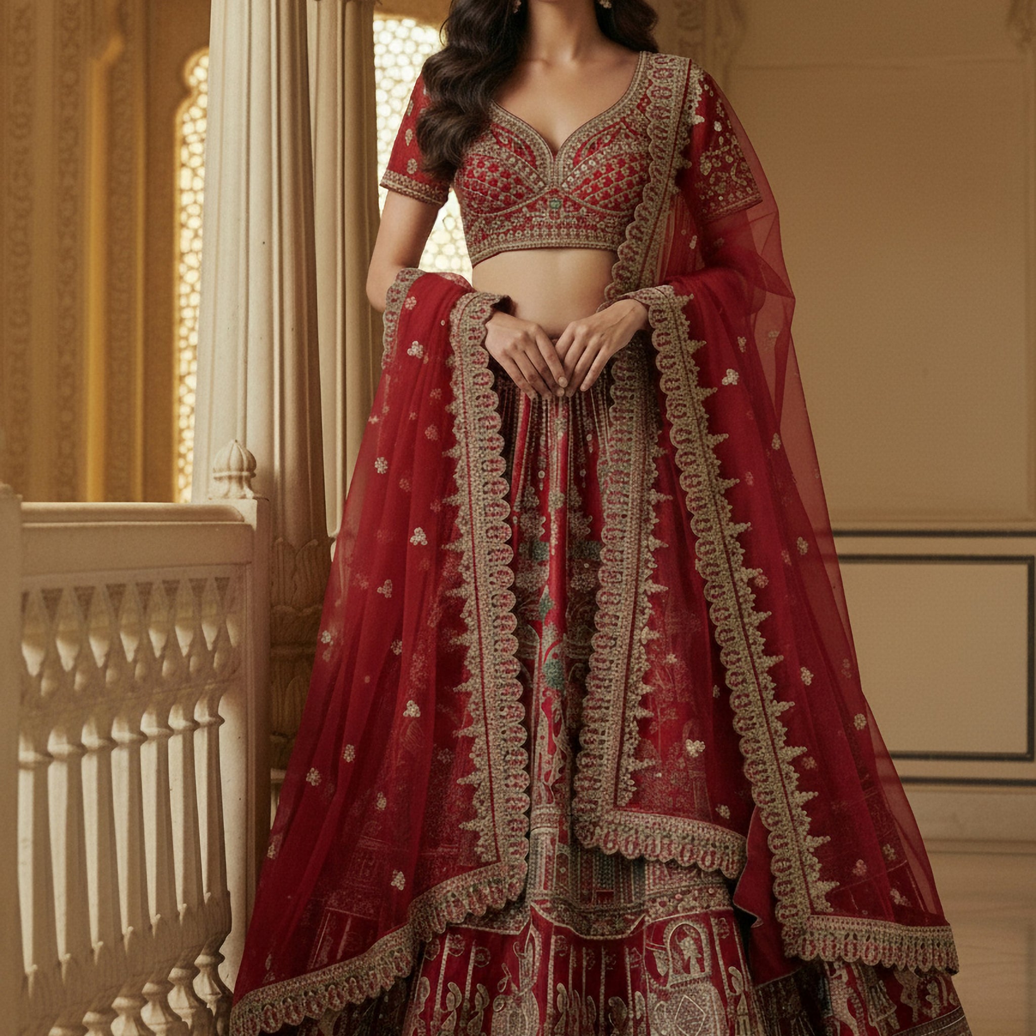 Royal Red Multi Thread Work Silk Bridal Wear Lehenga Choli With Double Dupatta