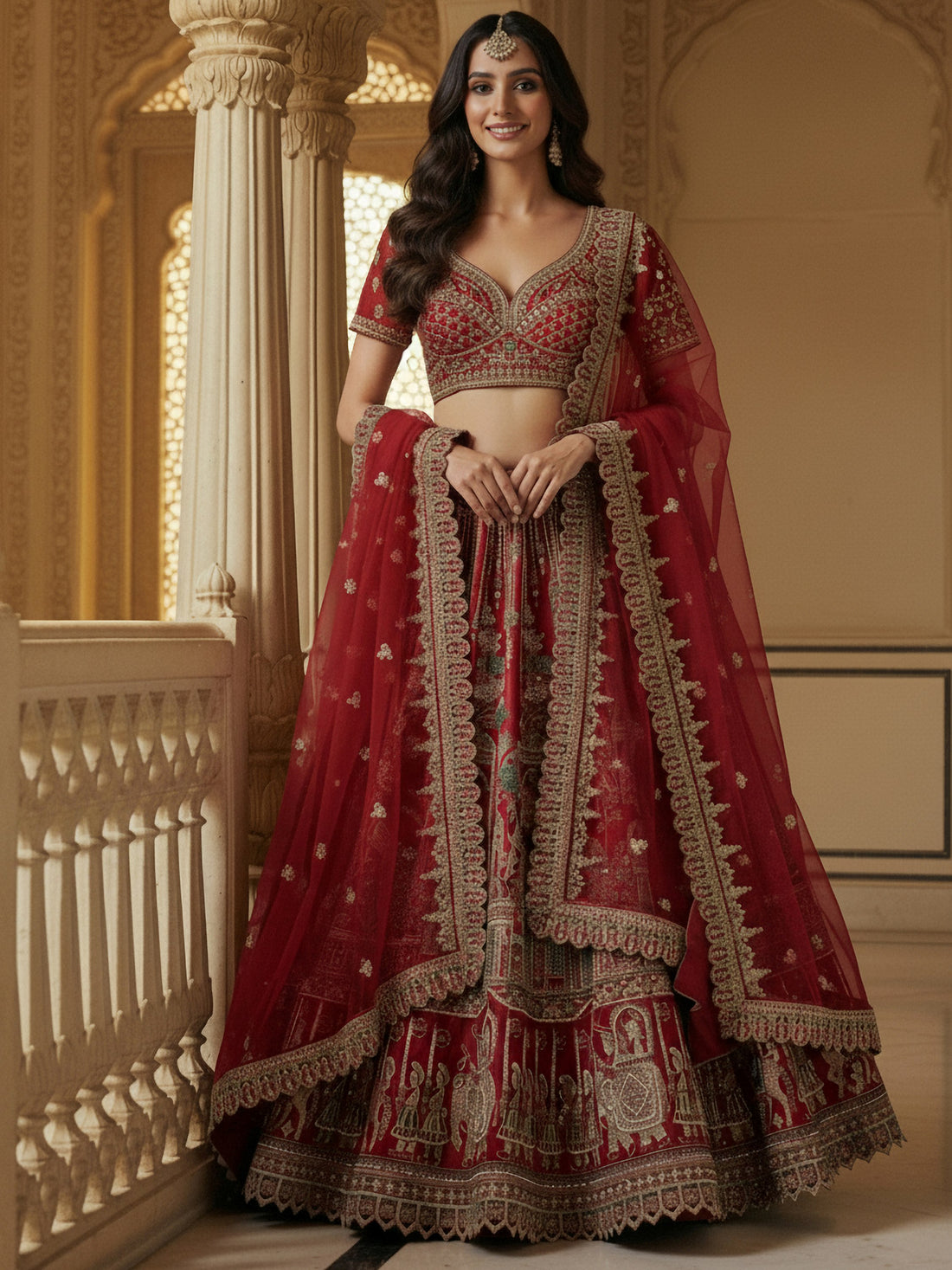 Royal Red Multi Thread Work Silk Bridal Wear Lehenga Choli With Double Dupatta