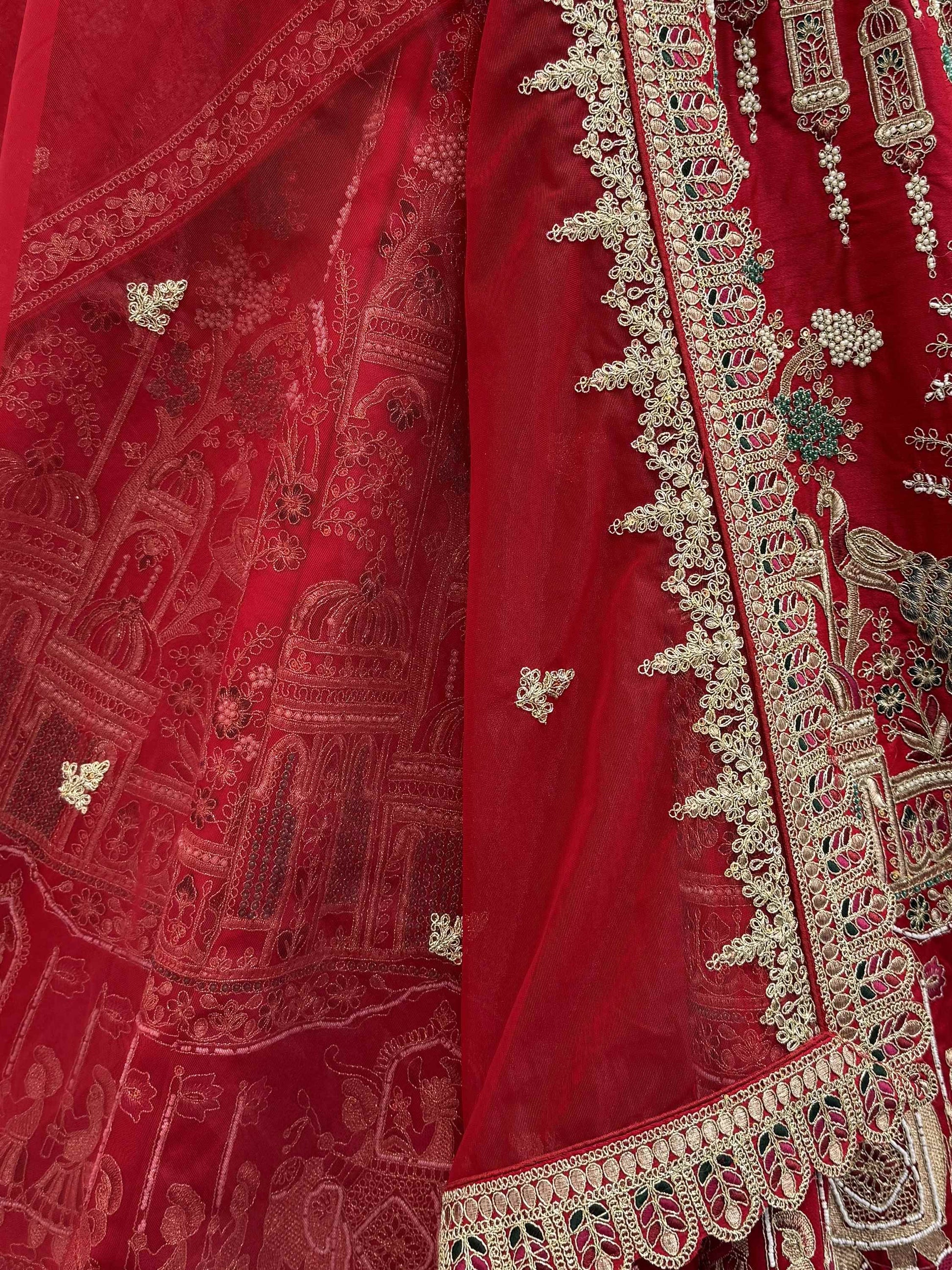 Royal Red Multi Thread Work Silk Bridal Wear Lehenga Choli With Double Dupatta