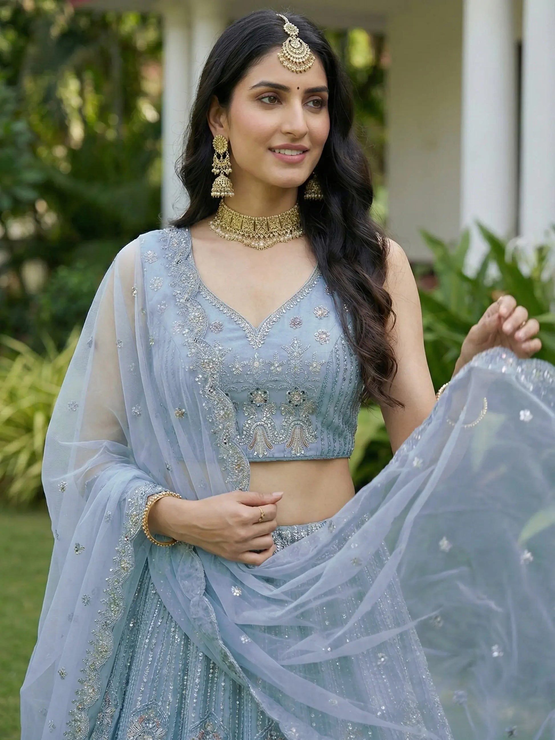 Precious Sky Blue Sequins Net Bridesmaid Lehenga Choli With Dupatta