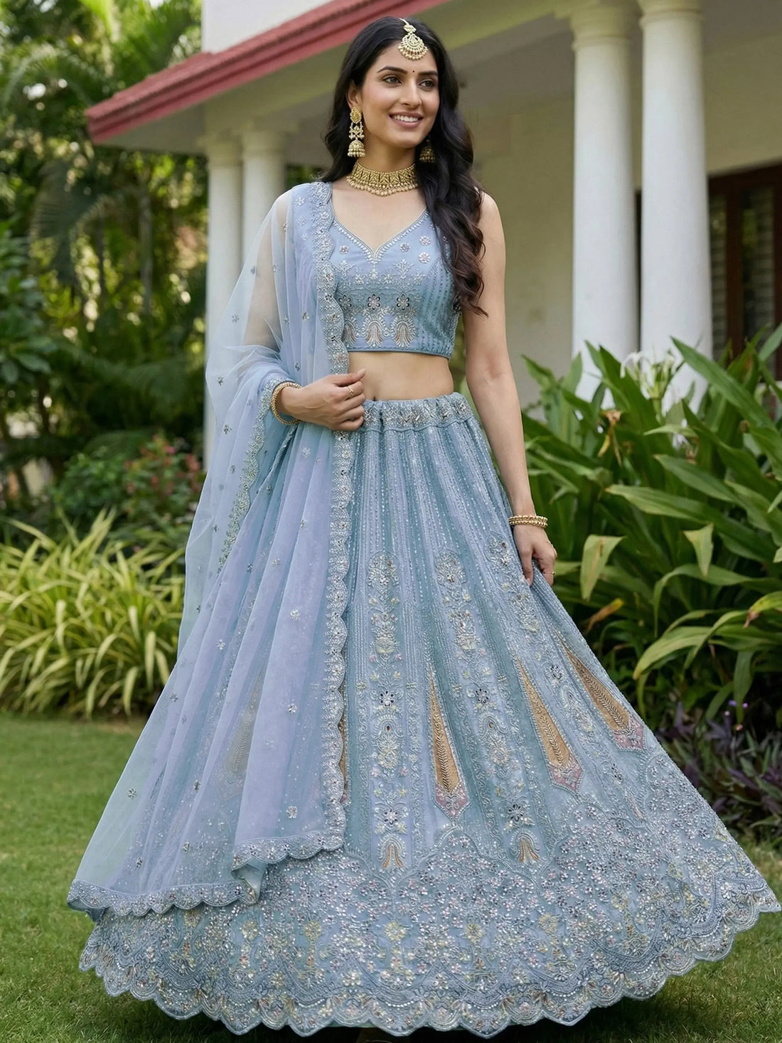 Precious Sky Blue Sequins Net Bridesmaid Lehenga Choli With Dupatta