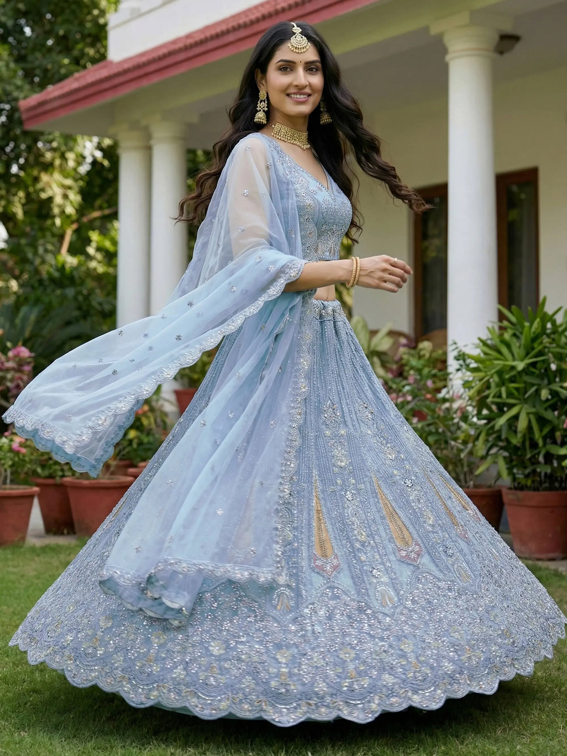 Precious Sky Blue Sequins Net Bridesmaid Lehenga Choli With Dupatta