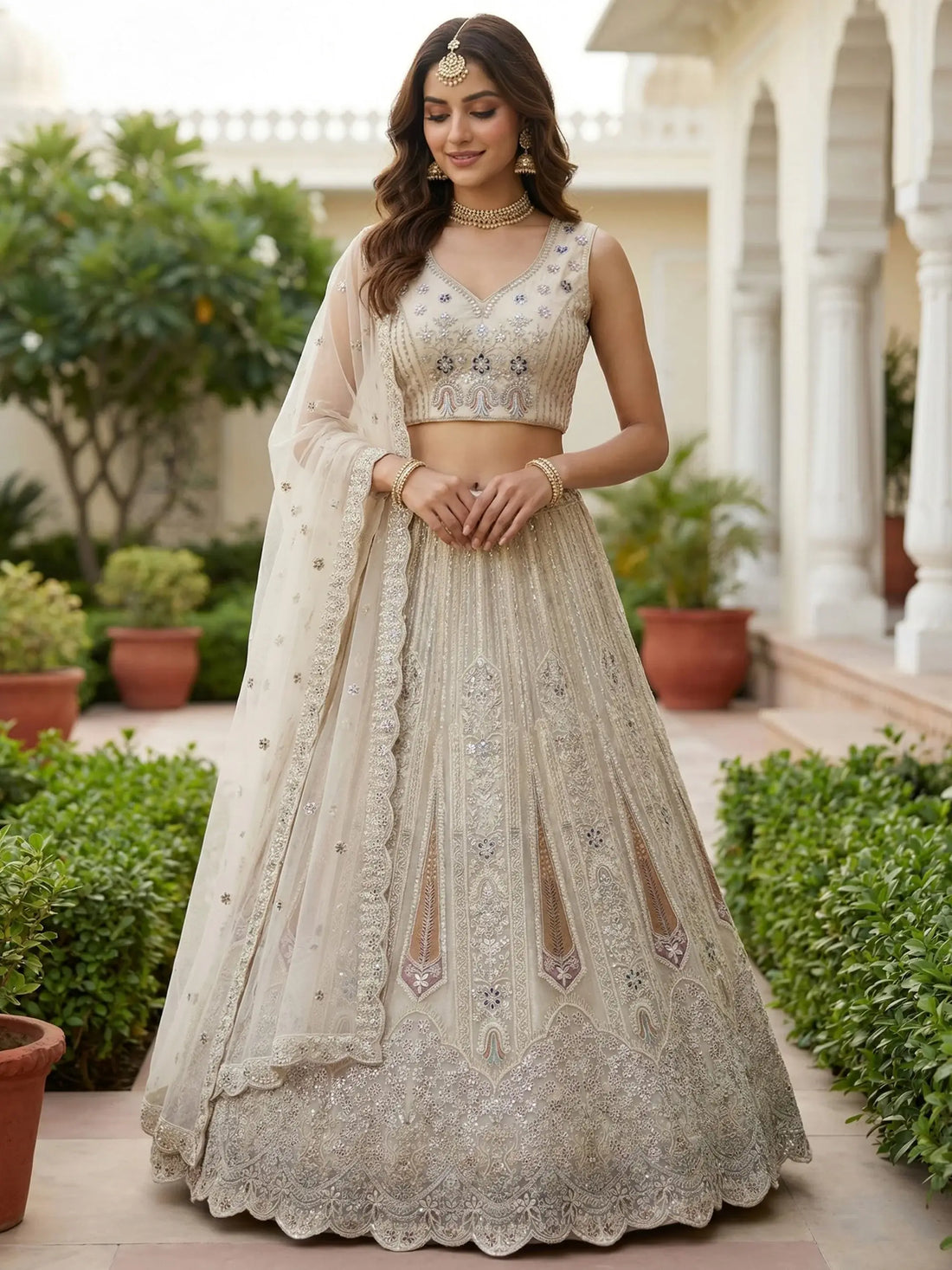 Gorgeous White Thread Work Net Sangeet Wear Lehenga With Blouse