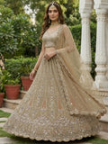 Stylish Golden Zari Embroidery Net Reception Wear Lehenga Choli With Dupatta