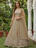 Stylish Golden Zari Embroidery Net Reception Wear Lehenga Choli With Dupatta