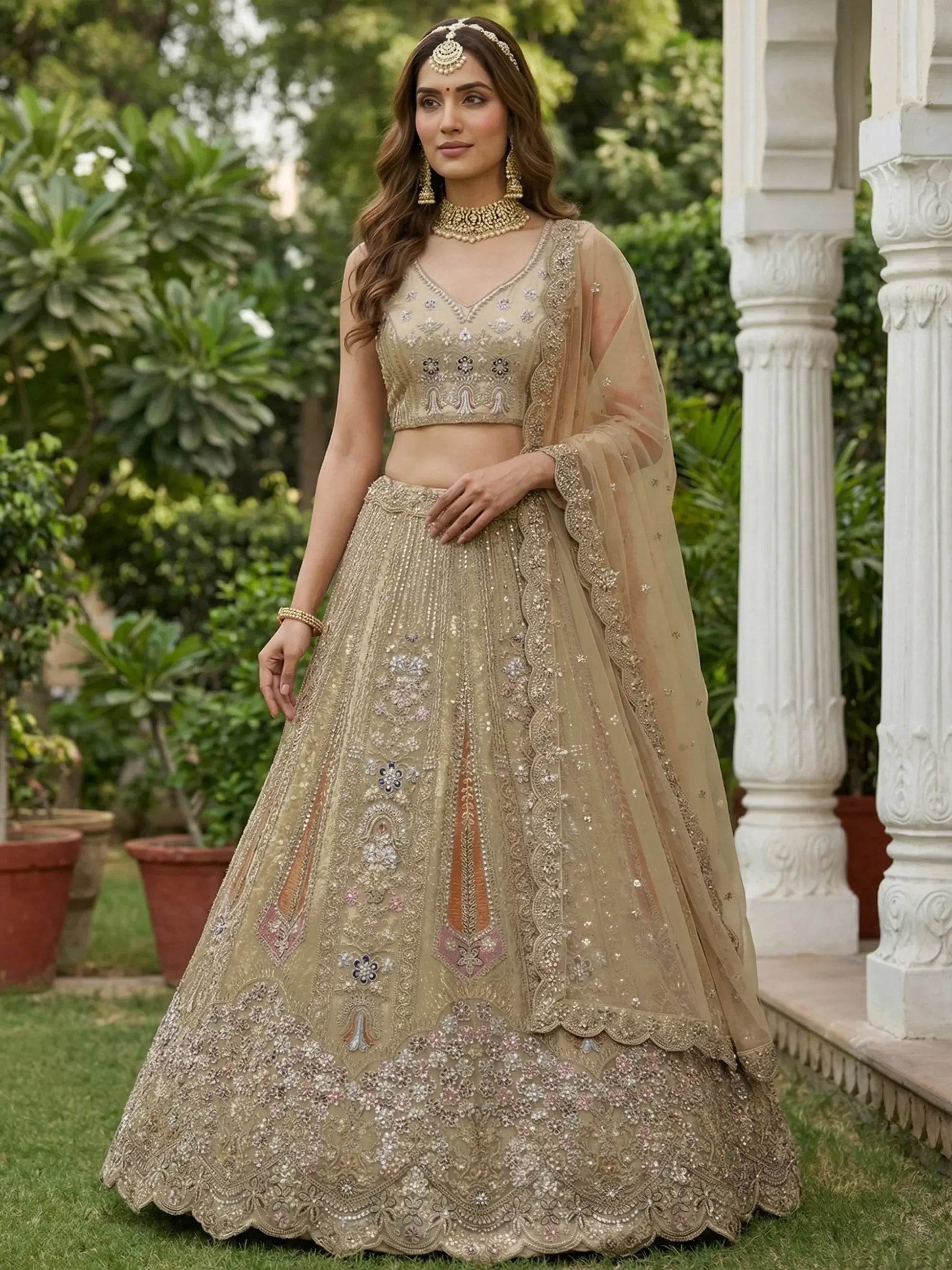 Stylish Golden Zari Embroidery Net Reception Wear Lehenga Choli With Dupatta