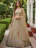 Stylish Golden Zari Embroidery Net Reception Wear Lehenga Choli With Dupatta