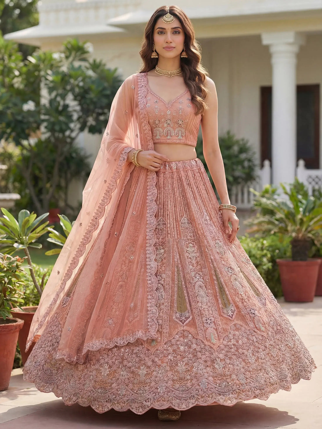 Adorable Peach Zircon Work Net Wedding Wear Lehenga Choli With Dupatta