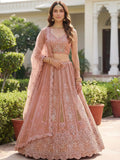 Adorable Peach Zircon Work Net Wedding Wear Lehenga Choli With Dupatta