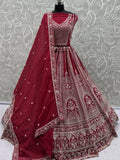 Grand Maroon Dori Embroidered Satin Bridal Lehenga Choli With Dupatta