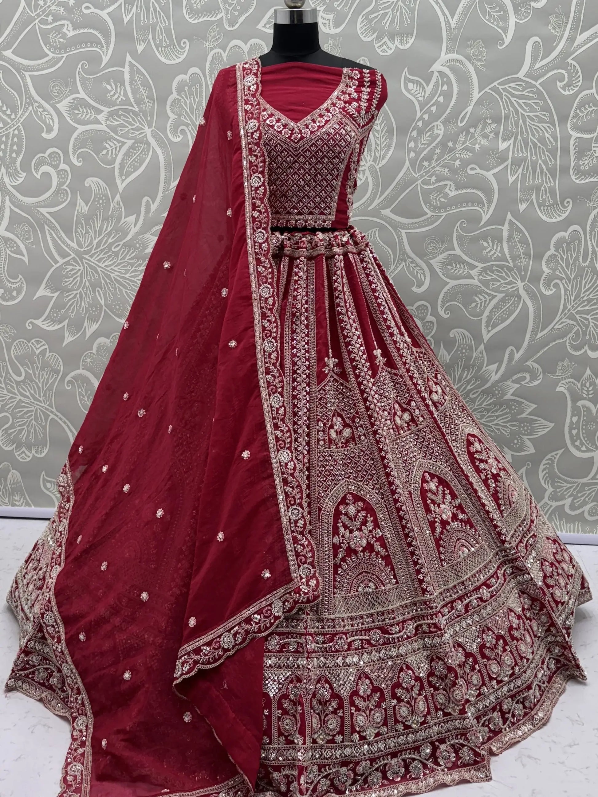 Grand Maroon Dori Embroidered Satin Bridal Lehenga Choli With Dupatta