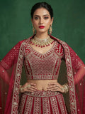 Grand Maroon Dori Embroidered Satin Bridal Lehenga Choli With Dupatta
