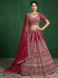 Grand Maroon Dori Embroidered Satin Bridal Lehenga Choli With Dupatta