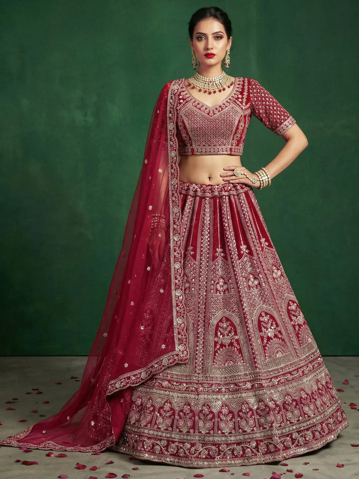 Grand Maroon Dori Embroidered Satin Bridal Lehenga Choli With Dupatta