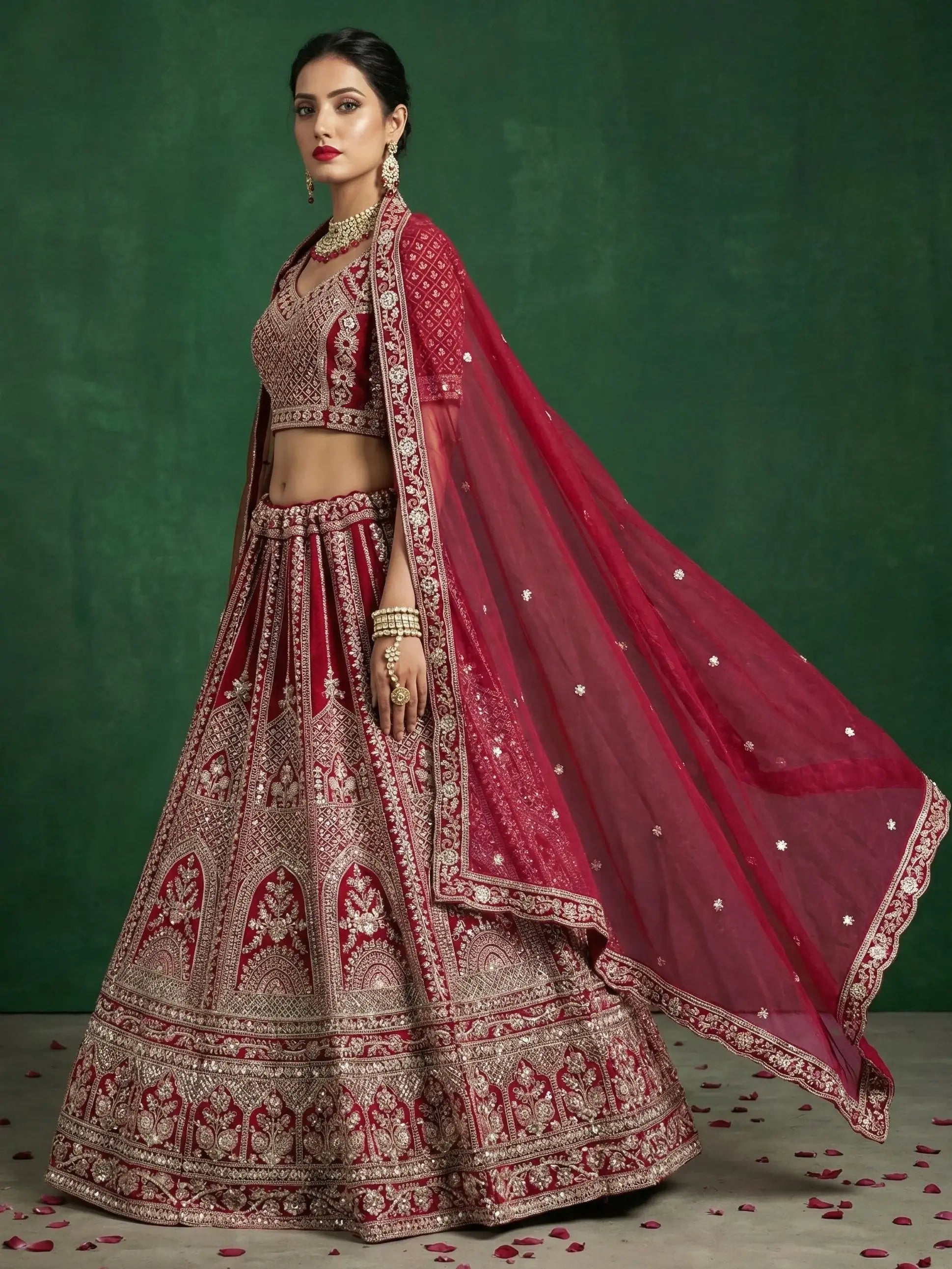 Grand Maroon Dori Embroidered Satin Bridal Lehenga Choli With Dupatta
