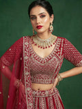 Grand Maroon Dori Embroidered Satin Bridal Lehenga Choli With Dupatta