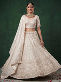 Beautiful White Heavy Embroidered Satin Sangeet Wear Lehenga Choli With Dupatta