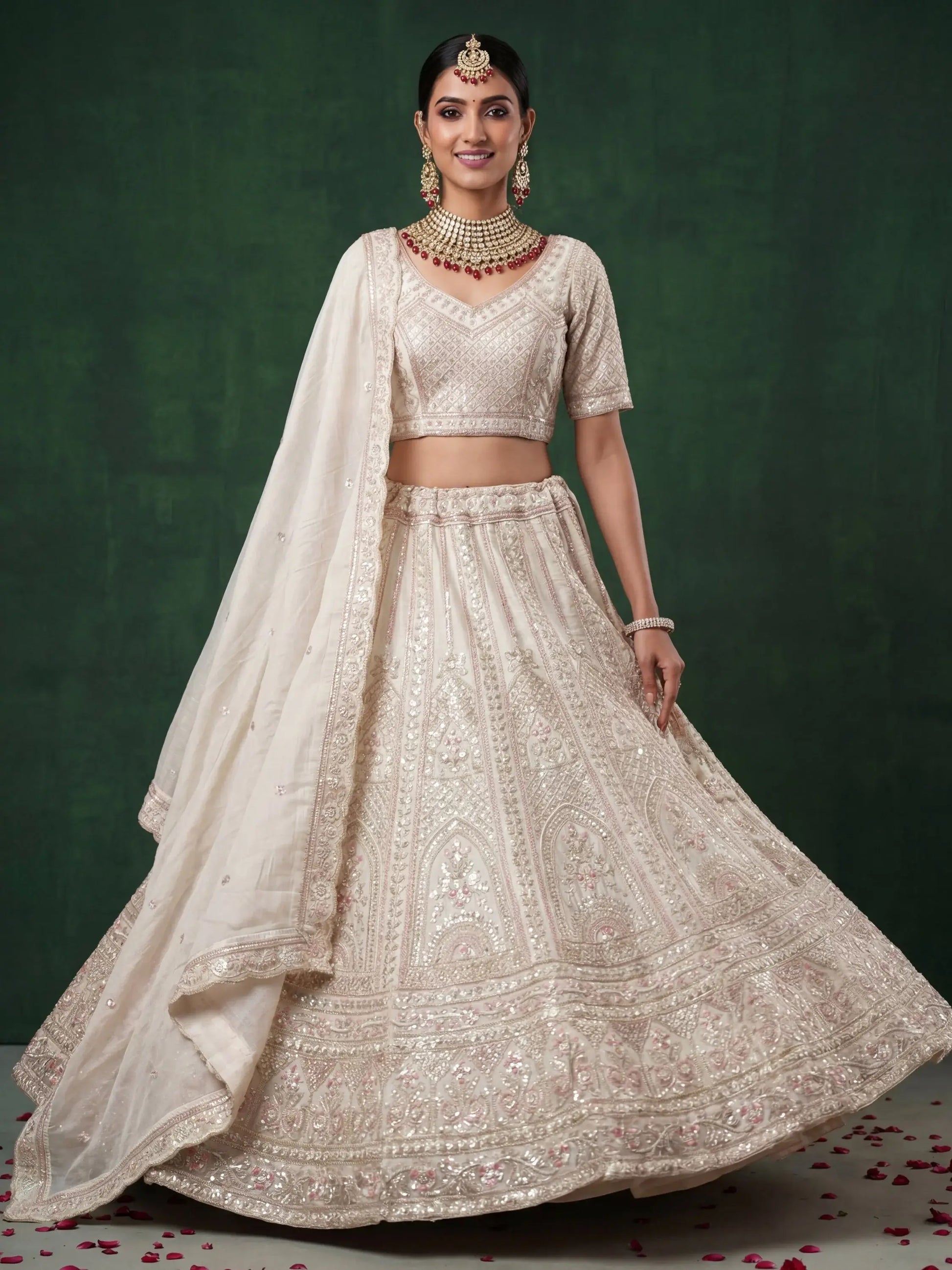 Beautiful White Heavy Embroidered Satin Sangeet Wear Lehenga Choli With Dupatta