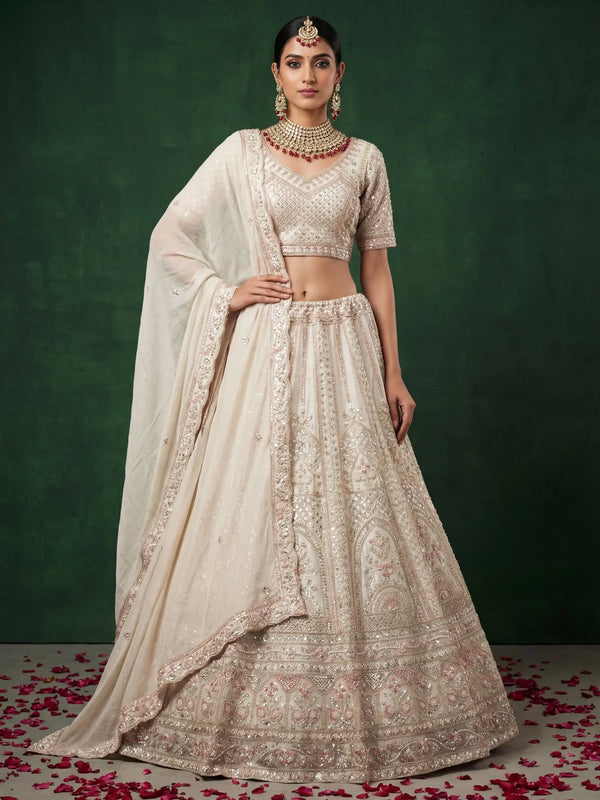 Beautiful White Heavy Embroidered Satin Sangeet Wear Lehenga Choli With Dupatta