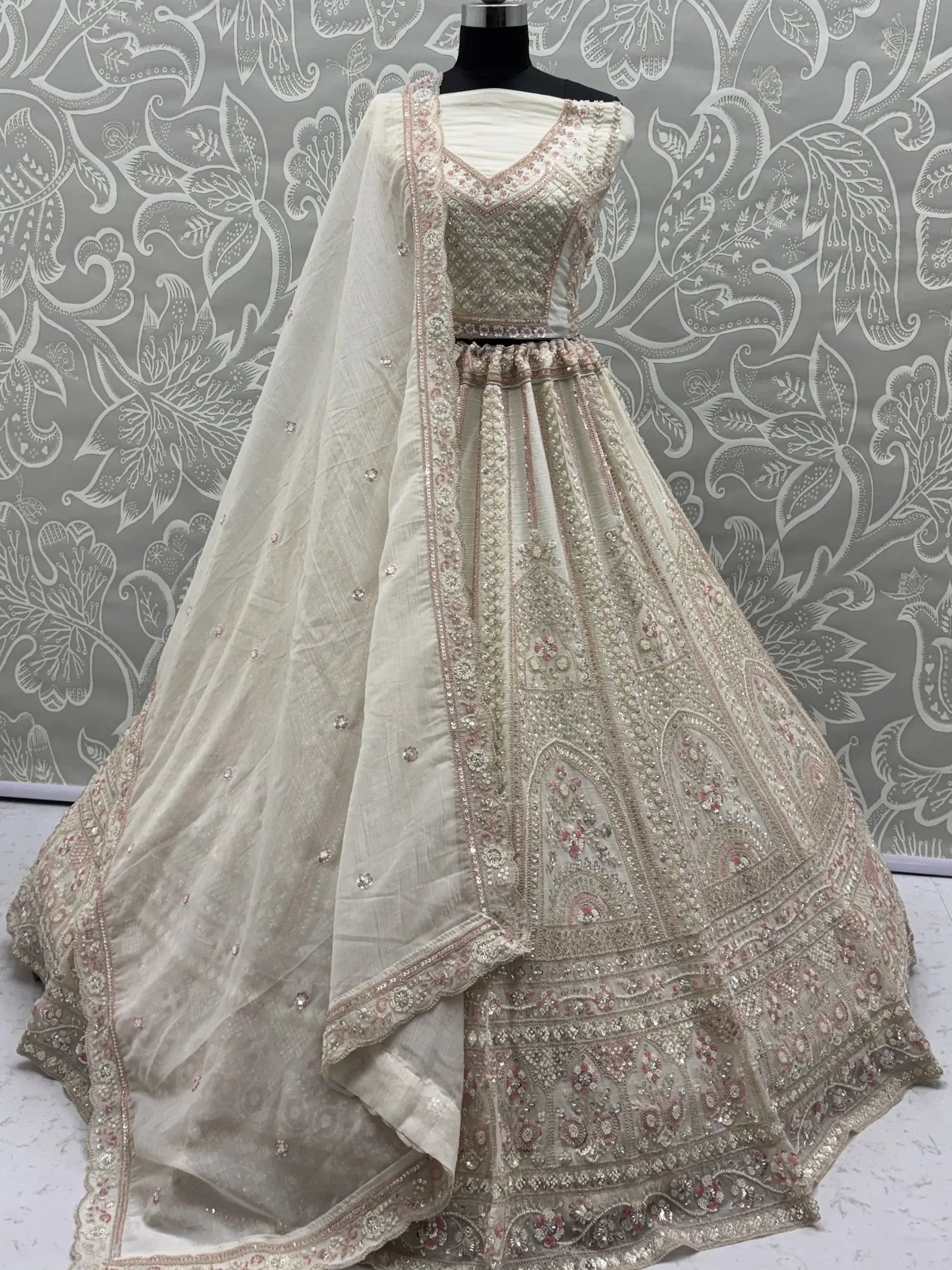 Beautiful White Heavy Embroidered Satin Sangeet Wear Lehenga Choli With Dupatta