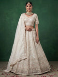 Beautiful White Heavy Embroidered Satin Sangeet Wear Lehenga Choli With Dupatta