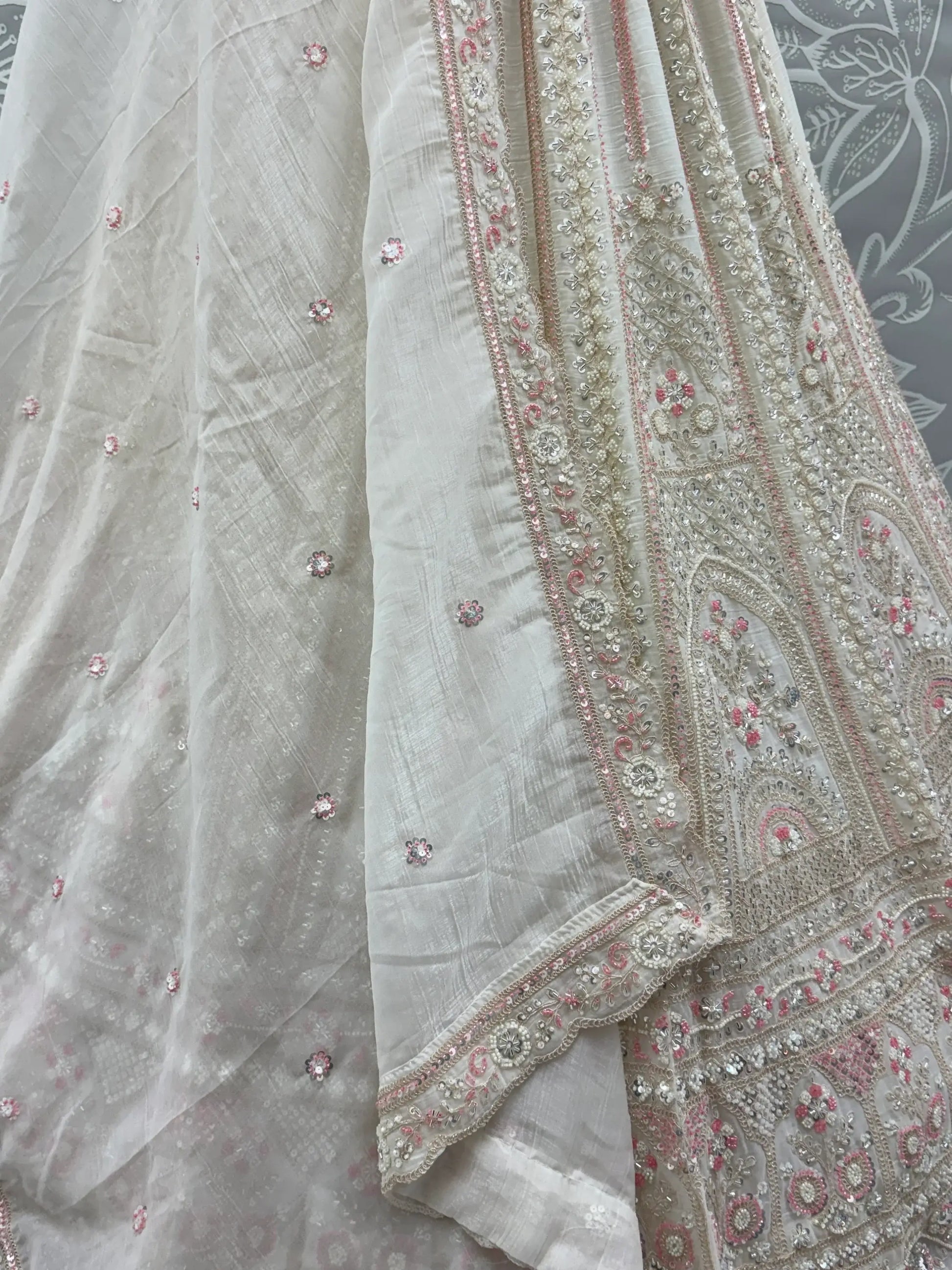 Beautiful White Heavy Embroidered Satin Sangeet Wear Lehenga Choli With Dupatta
