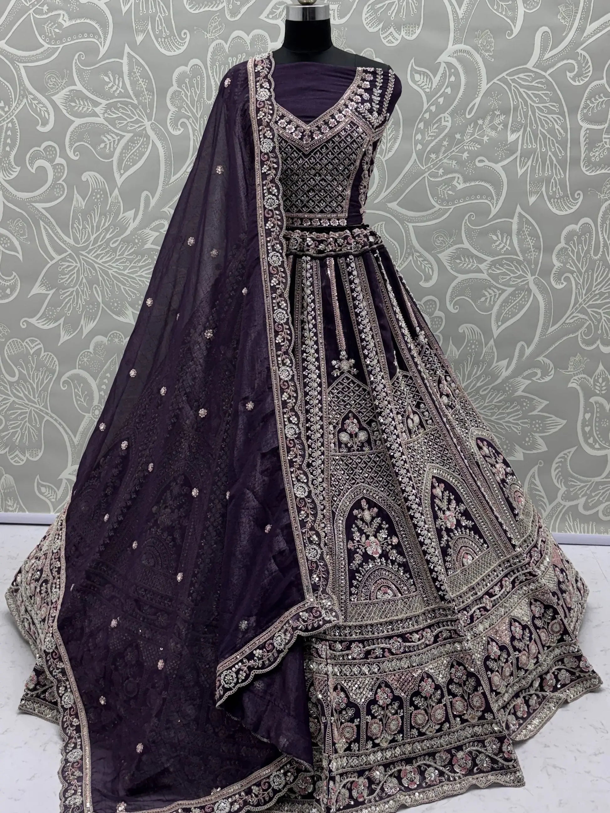 Attractive Purple Sequins Work Satin Wedding Wear Lehenga Choli With Dupatta