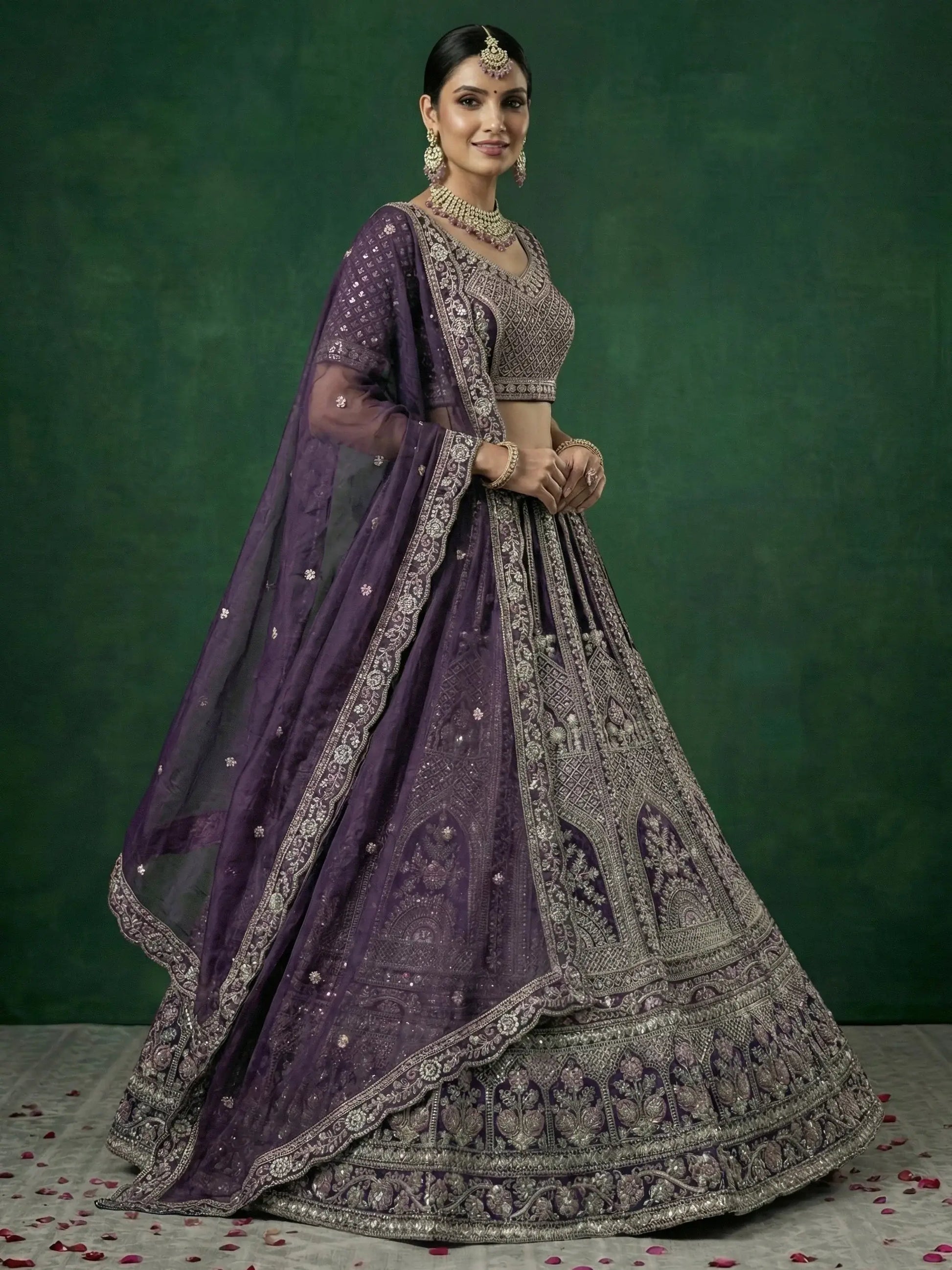 Attractive Purple Sequins Work Satin Wedding Wear Lehenga Choli With Dupatta