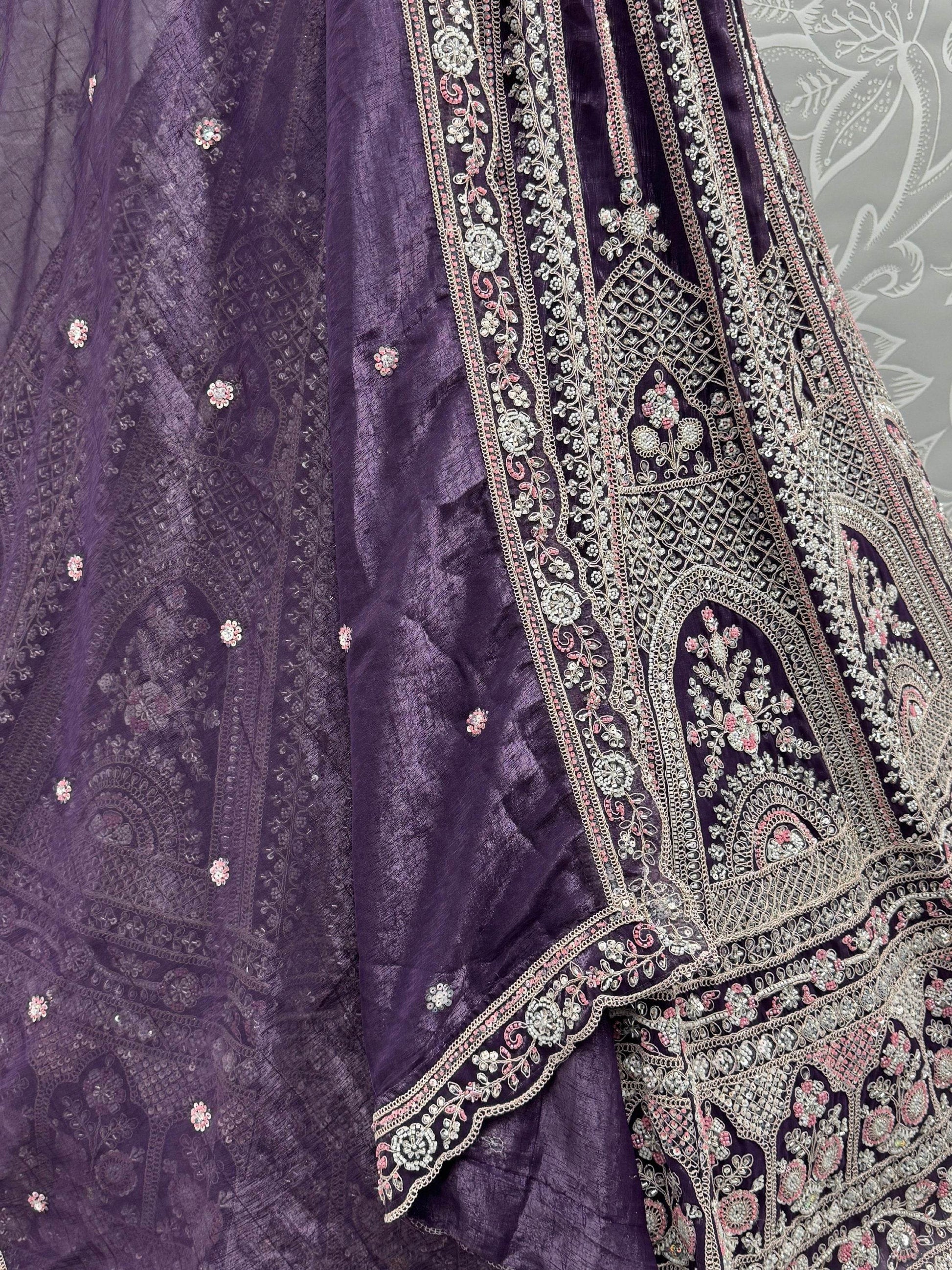 Attractive Purple Sequins Work Satin Wedding Wear Lehenga Choli With Dupatta