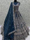 Elegant Teal Blue Crystal Work Satin Reception Wear Lehenga Choli With Dupatta