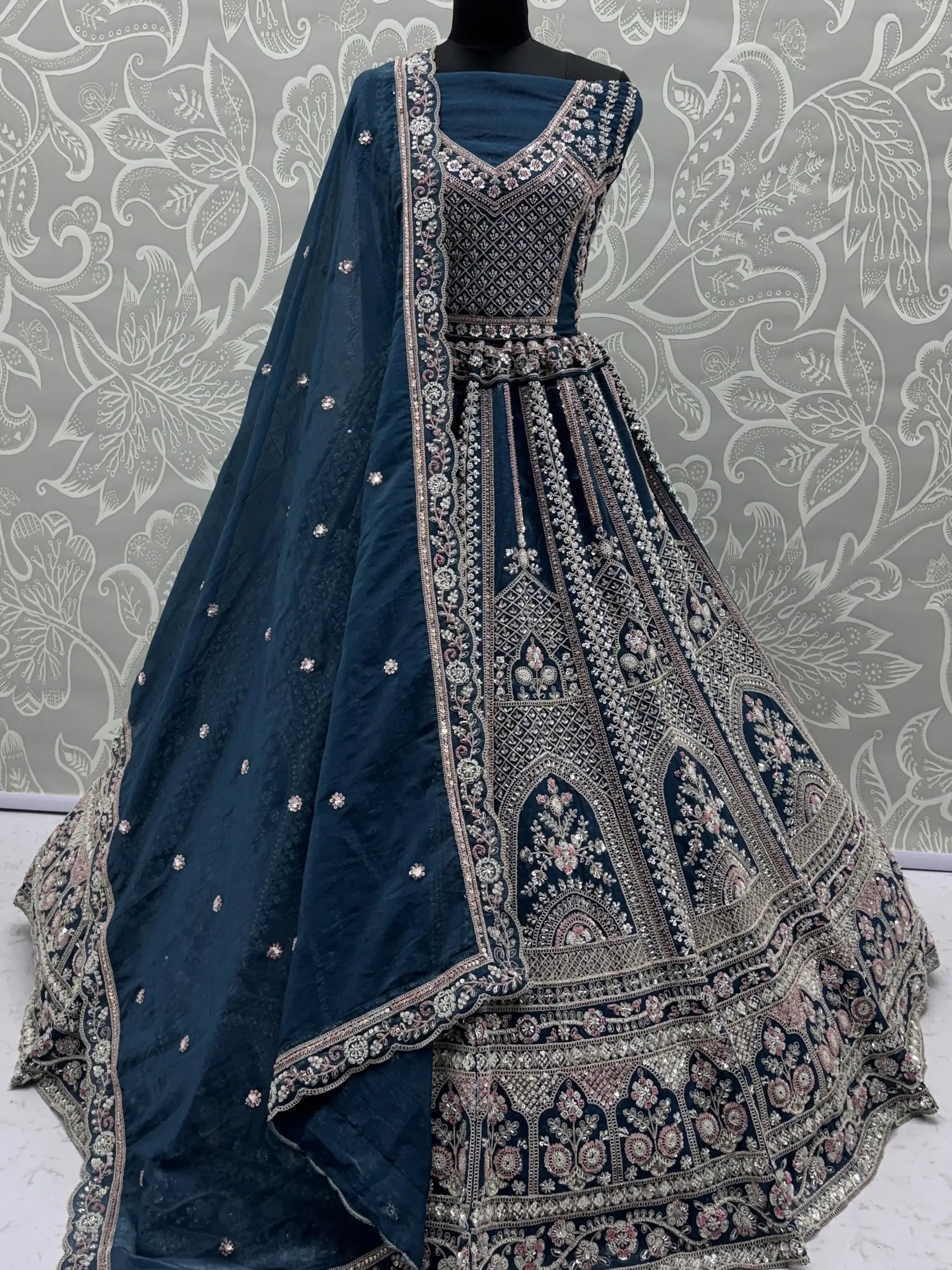 Elegant Teal Blue Crystal Work Satin Reception Wear Lehenga Choli With Dupatta