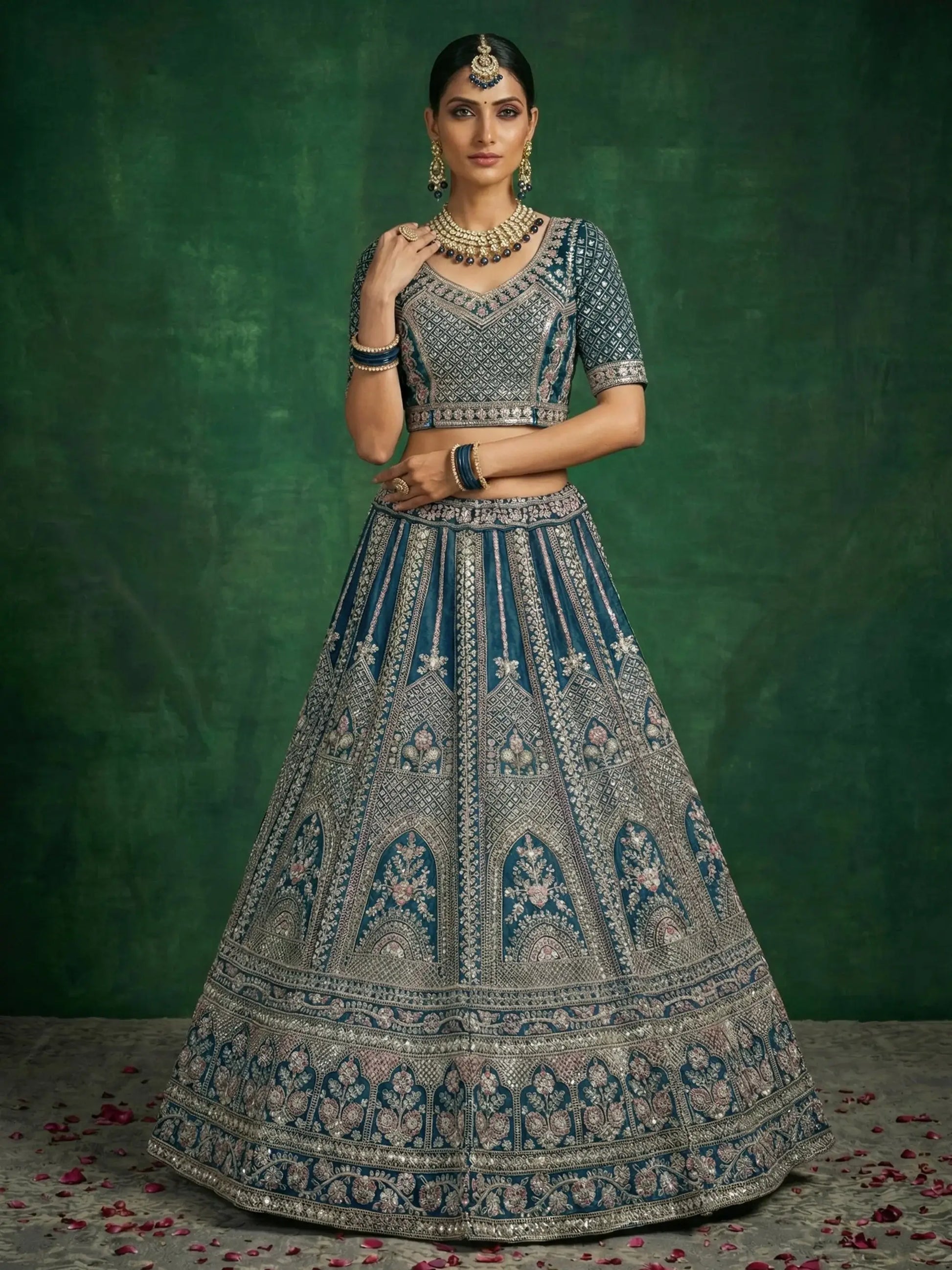 Elegant Teal Blue Crystal Work Satin Reception Wear Lehenga Choli With Dupatta
