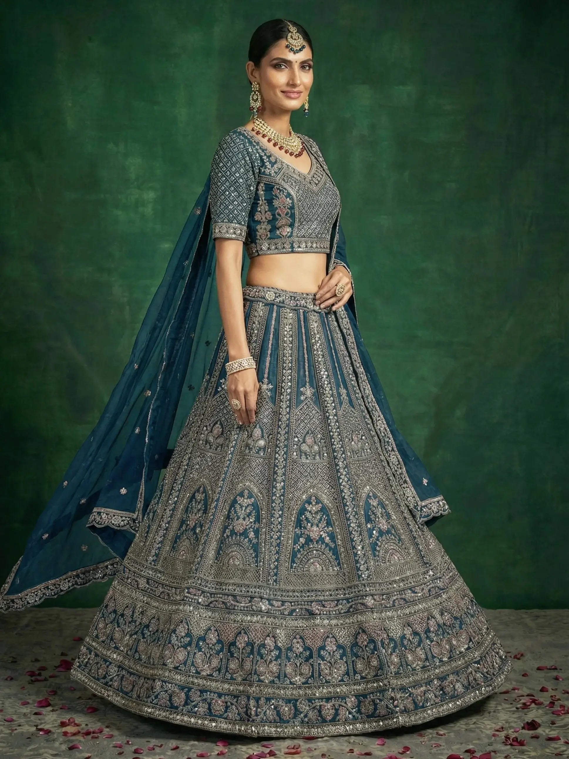 Elegant Teal Blue Crystal Work Satin Reception Wear Lehenga Choli With Dupatta