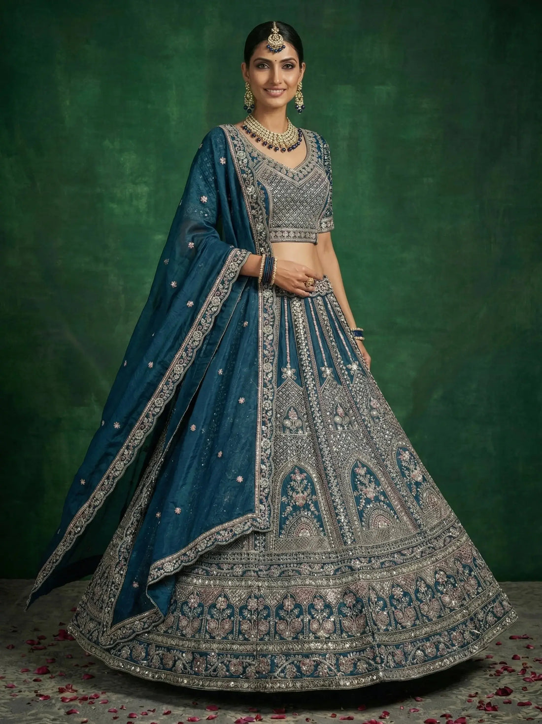 Elegant Teal Blue Crystal Work Satin Reception Wear Lehenga Choli With Dupatta