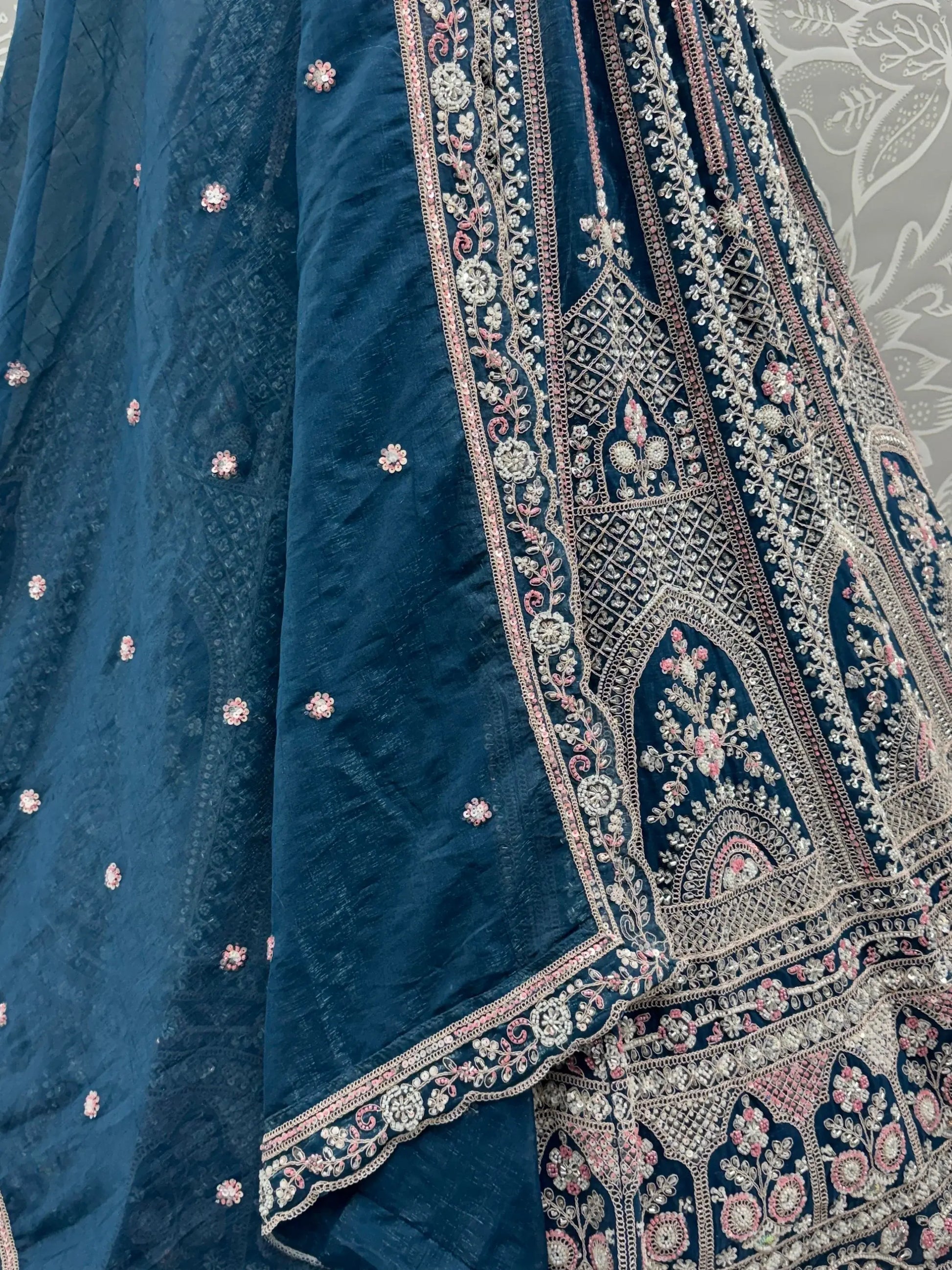 Elegant Teal Blue Crystal Work Satin Reception Wear Lehenga Choli With Dupatta