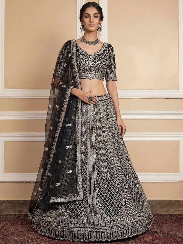 Remarkable Black Sequins Net Party Wear Lehenga Choli With Dupatta
