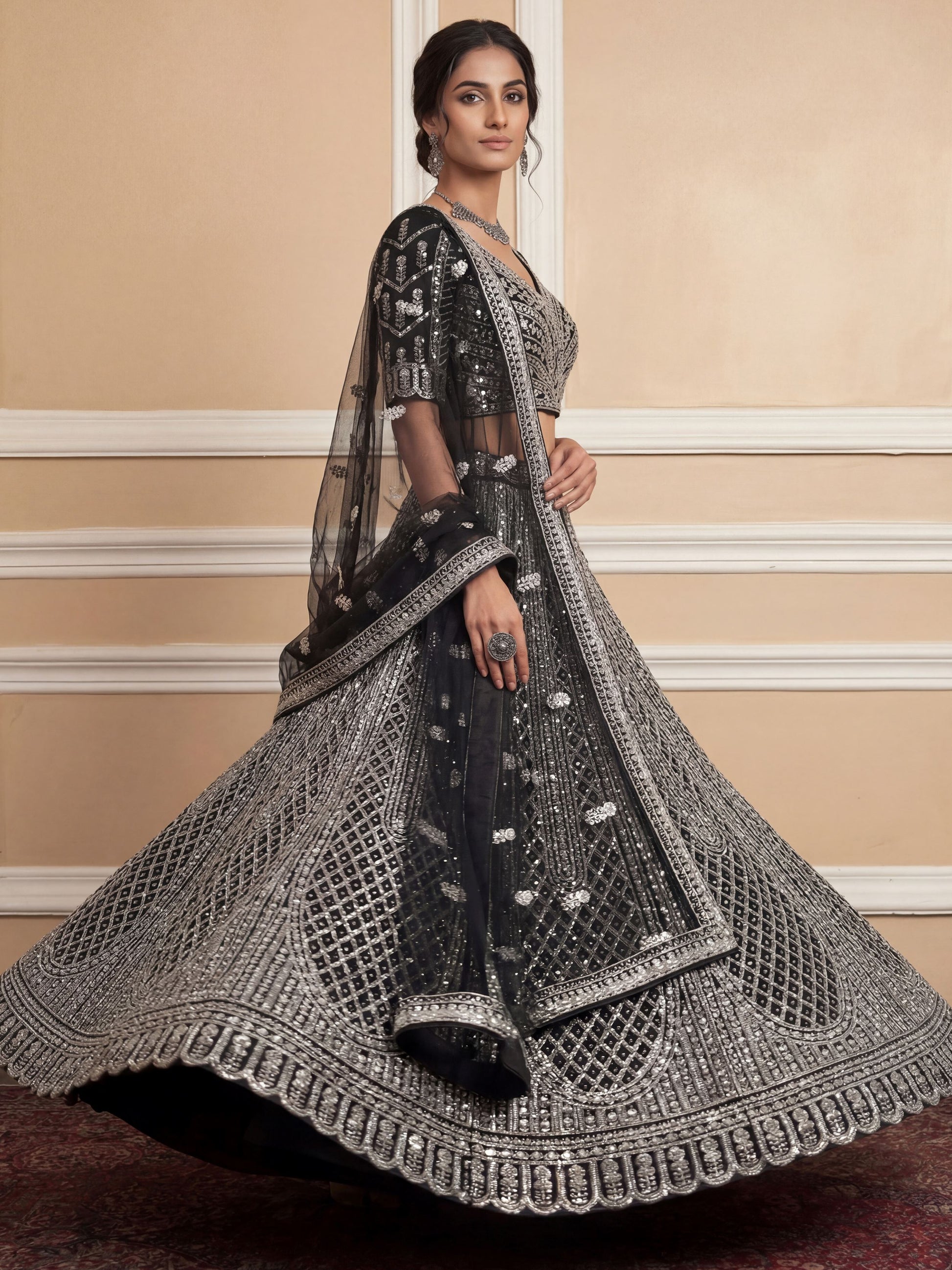 Remarkable Black Sequins Net Party Wear Lehenga Choli With Dupatta